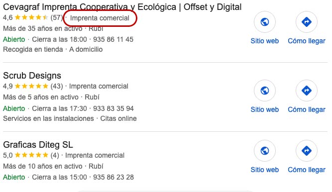 Categoría de Google My Business