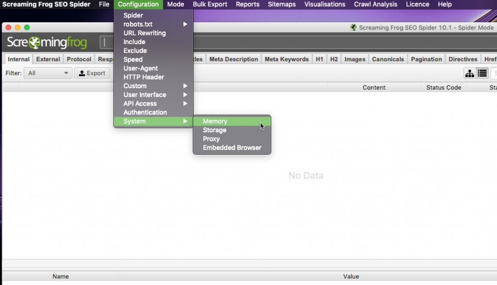 Configurando Screaming Frog