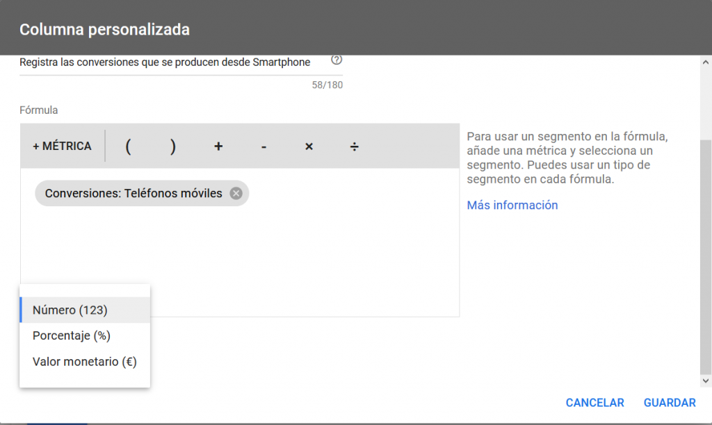 Formato columna conversiones móviles